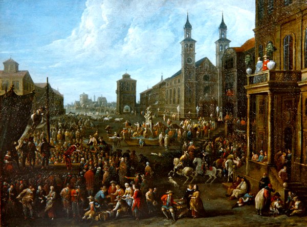 Trhová scéna s pouličními umělci a dalšími postavami (olej na plátně) od Alexander van Bredael