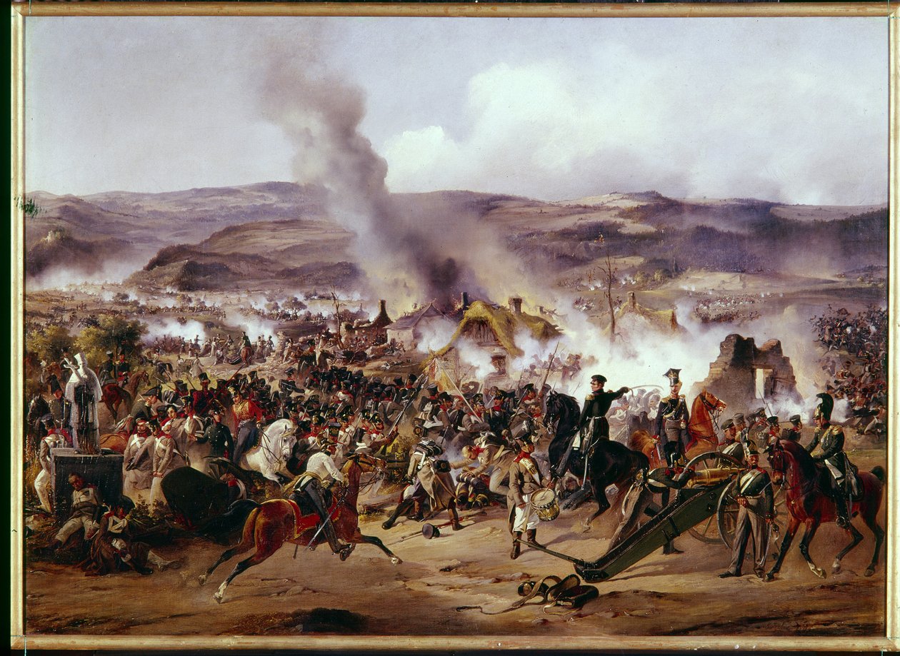 Napoleonské války: Bitva u Kulmu (nynější Chlumec) v Čechách (Česká republika) 30. 8. 1813 proti francouzské armádě koalici pruských, rakouských a ruských vojsk během německého tažení. Obraz od Alexandra od Alexander von Kotzebue