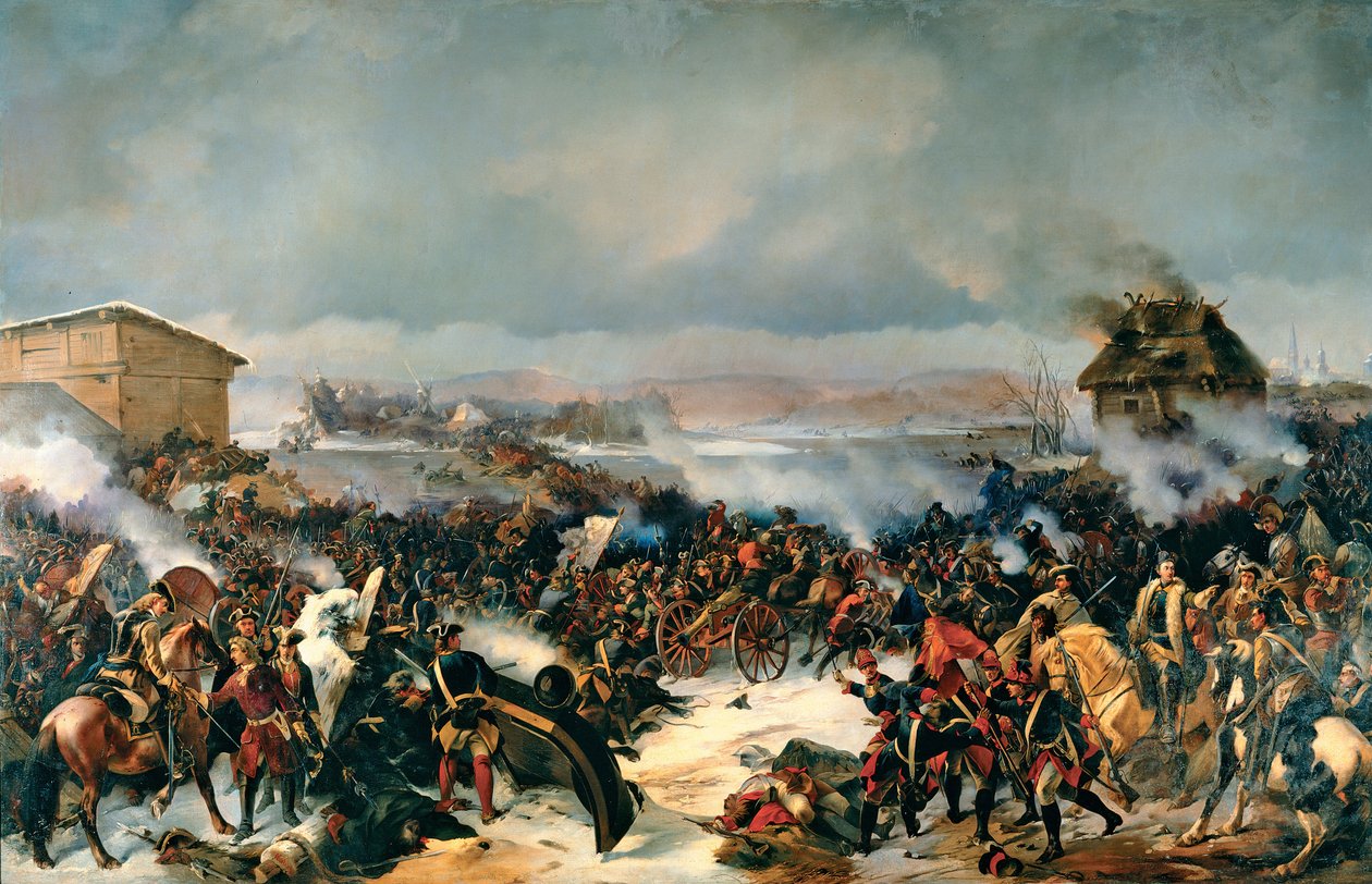 Bitva u Narvy, 19. listopadu 1700. Epizoda Velké severní války (1700-1721) mezi Švédskem a všemi pobaltskými zeměmi, Dánskem, Polskem a Ruskem. Obraz Alexandra (Alexandra) von Kotzebue (1815-1889), olej na plátně od Alexander von Kotzebue