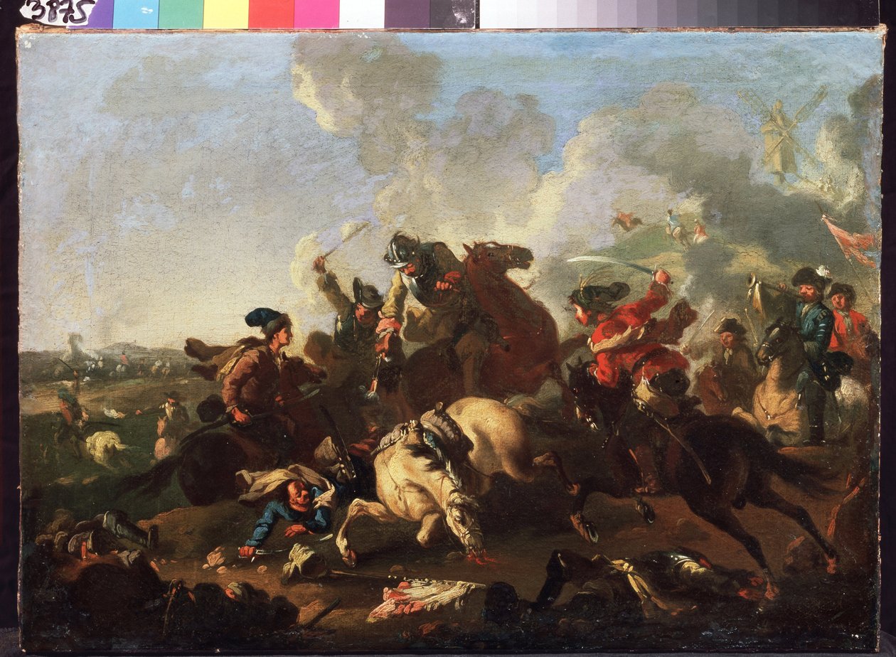 Scéna z bitvy o Poltavu (nebo Pultawa, Ukrajina) (scéna z bitvy u Poltavy). Bitva, která se odehrála 8. července 1709 mezi armádou Petra I. Ruska (známého jako Le Grand od Alexander von Kotzebue