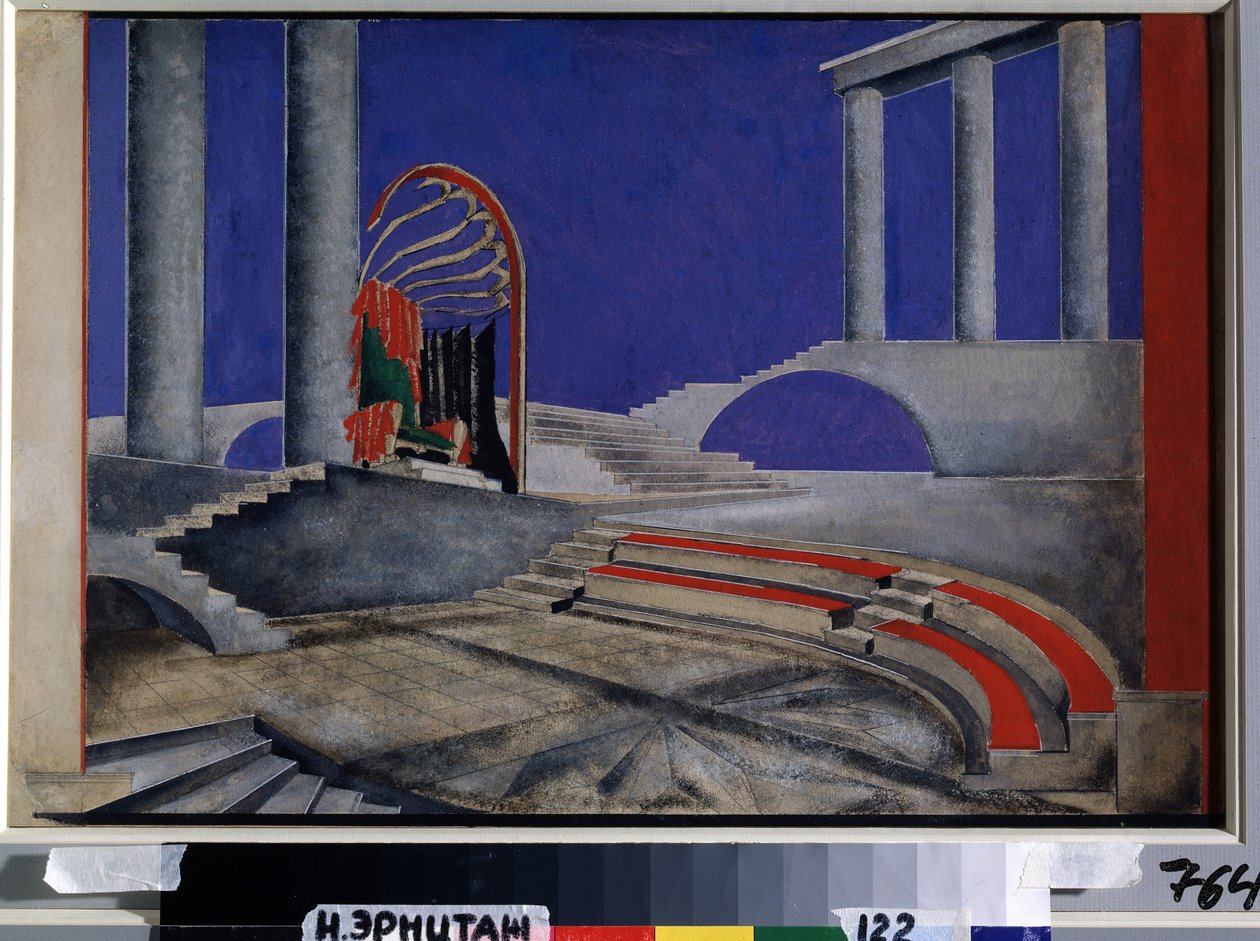 Recenze jevištního designu pro edici Decors de Theater. Dílo Alexandry Alexandrovny Exter (1882-1949), akvarel a kvaš na papíře, polovina roku 1920. Ruské scénografické umění 20. století. spol od Alexandra Alexandrowna Exter