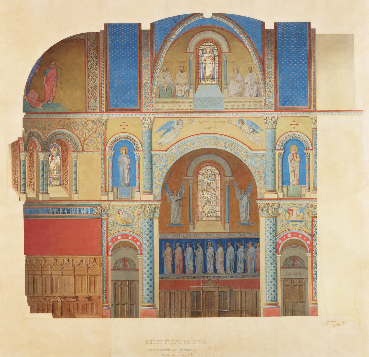 Kostel Saint-Paul, Nimes, podélný řez kůrem od Alexandre Dominique Denuelle