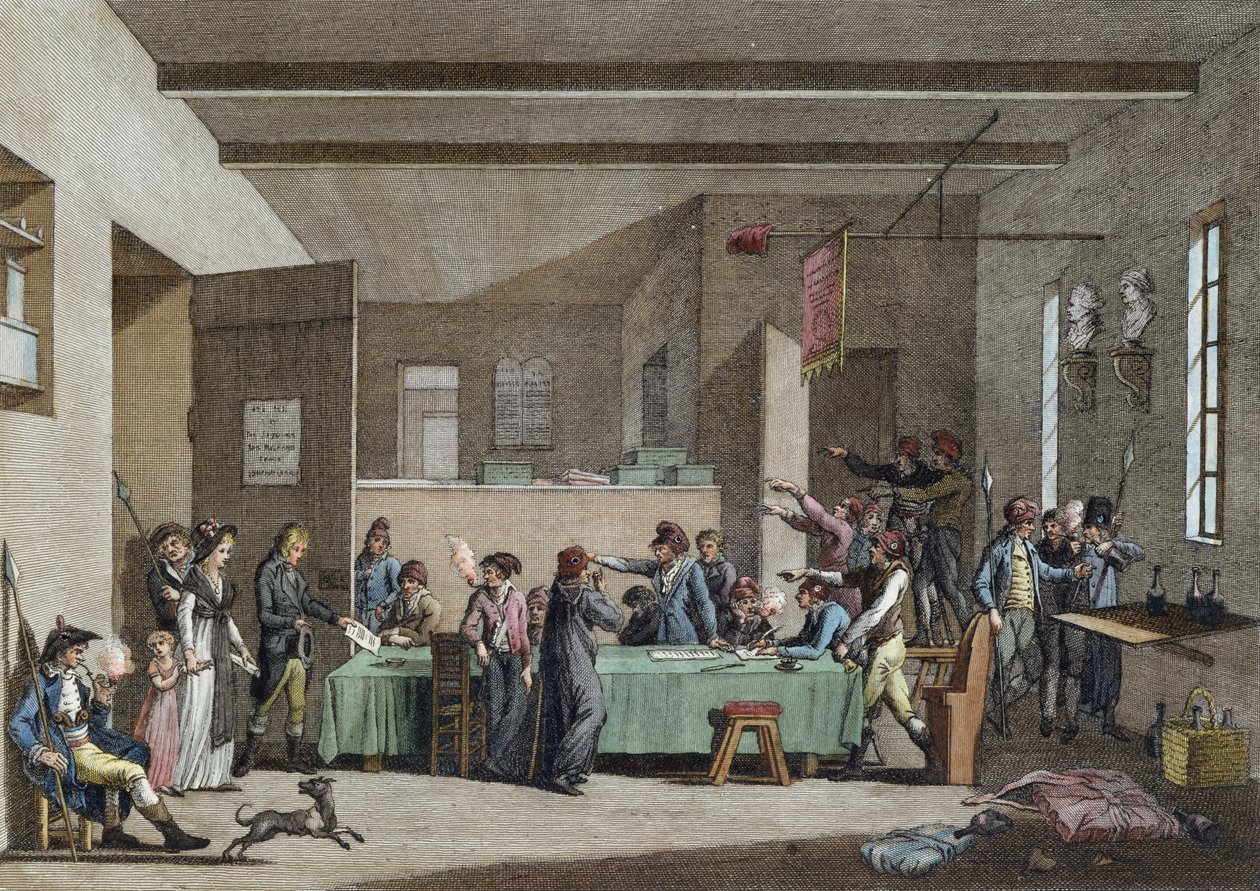 Interiér revolučního výboru v letech 1792-93 (barevná rytina) od Alexandre Evariste Fragonard