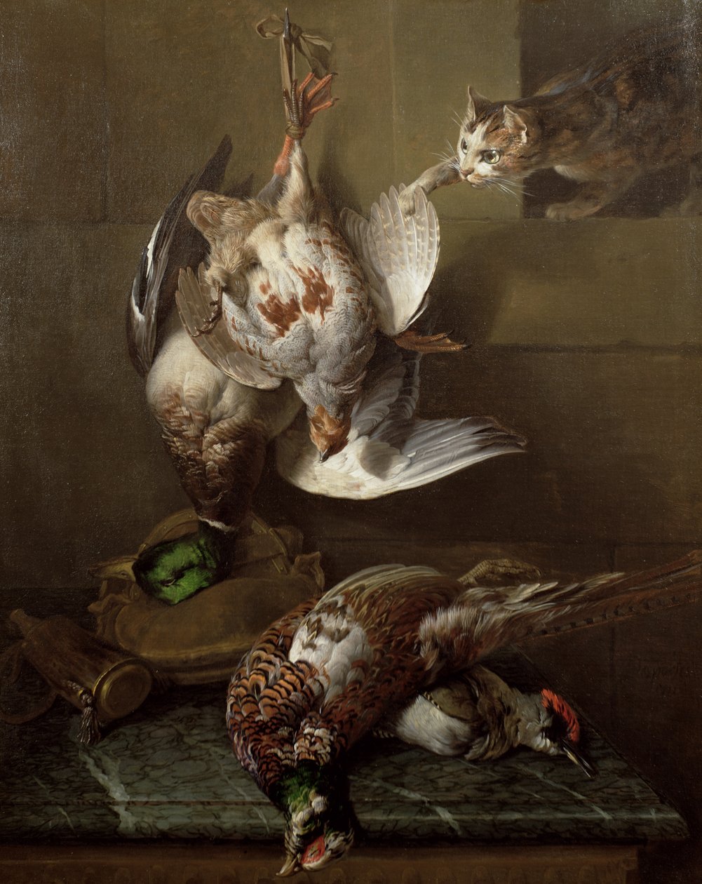 A Cat Attacking Dead Game (olej) (jeden z páru, viz také 40087) od Alexandre Francois Desportes