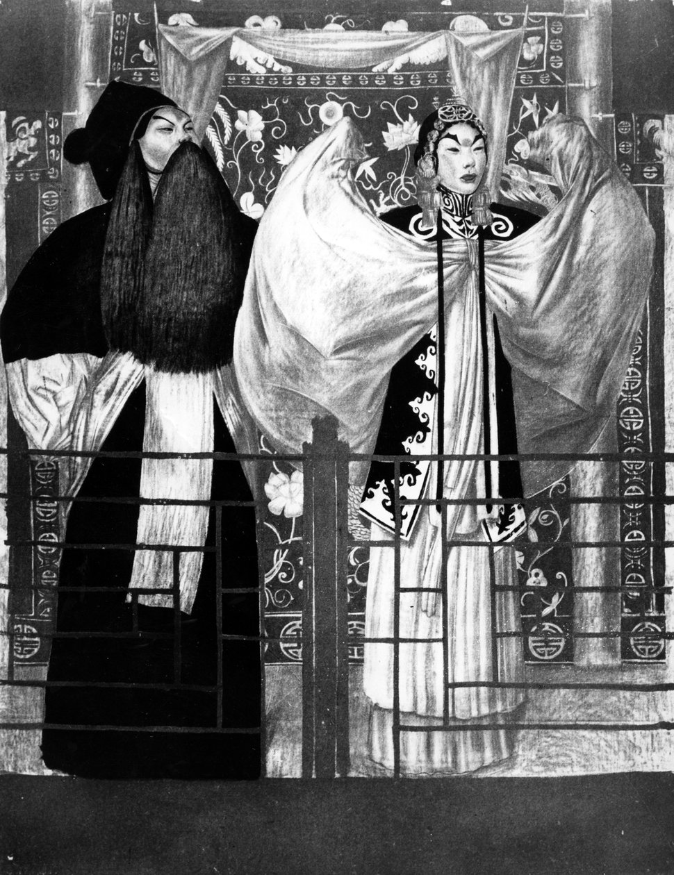 Scéna ze hry Nan tien men, ilustrace z Le Théatre Chinois od Tchou-Kia-Kien, vydaná v Paříži 1922 litho od Alexandre Jacovleff
