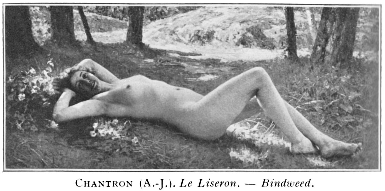 Černobílá fotografie obrazu zobrazujícího nahou ženu ležící v lese poblíž záhonu květin se stromy a mělkým vodopádem v pozadí. od Alexandre Jacques Chantron