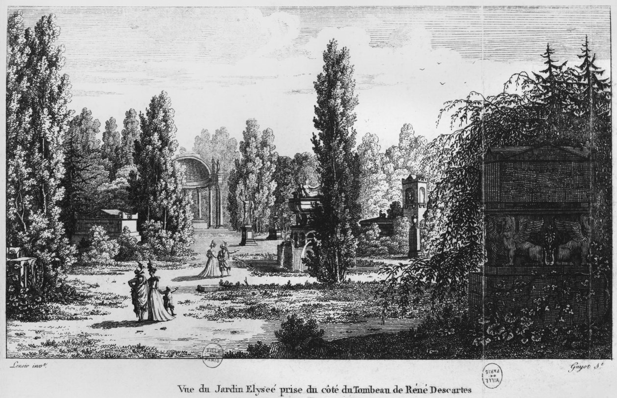 Musee des Monuments Francais, Paříž, pohled na Jardin Elysee z hrobky René Descartes, rytý Laurent Guyot (1756-1806) od Alexandre Marie Lenoir