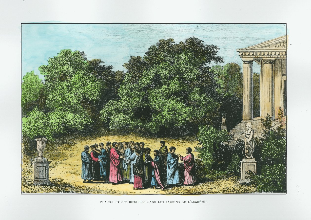 Platón (asi 427-348 př. n. l.) a jeho žáci v zahradě Akademie, z knihy Louise Figuiera "La vie des Savants Illustres", vyryl Laplante, asi 1870 (pozdější kolorování) od Alexandre de Bar