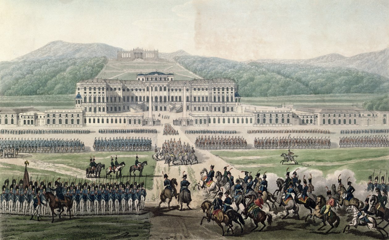 Příjezd Napoleona Bonaparta (1769-1821) na Schloss Schonbrunn, vyryl Aubertin, kolem roku 1820 od Alexandre de la Borde