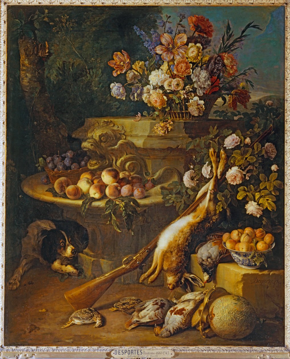Gibier mort, fruits, fleurs et un chien - Mrtvá zvěř, ovoce, květiny a pes... od Alexandre-François Desportes
