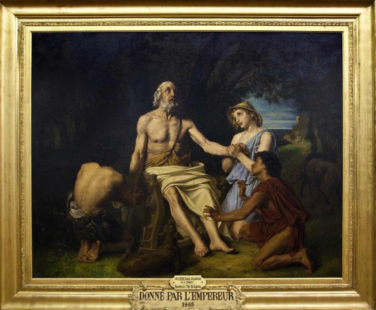 Reprezentace Homera, řeckého básníka 9. století př. n. l. na ostrově Scyros Obraz Jean-Baptiste Auguste Leloir (1809-1892) (Jean Baptiste) 1865 Homer na ostrově Scyros, obraz Alexandre Louis Leloir od Alexandre Louis Leloir