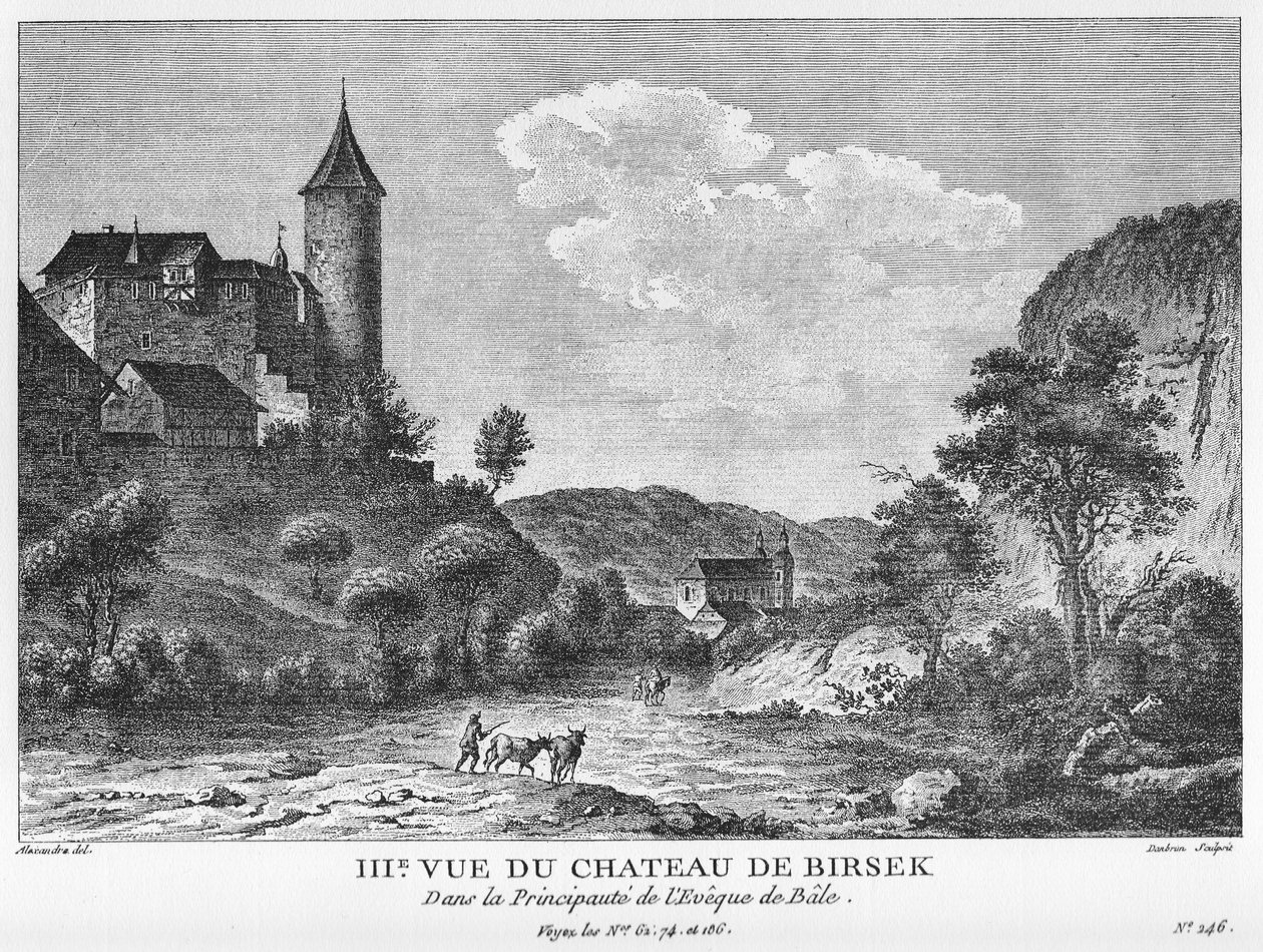 III. Pohled na Caſtle of Birseck v Prince-Biſhopric v Basileji. Rytina mědi od Jean Danbrunové podle kresby Alexandra od Alexandre, Jean Danbrun