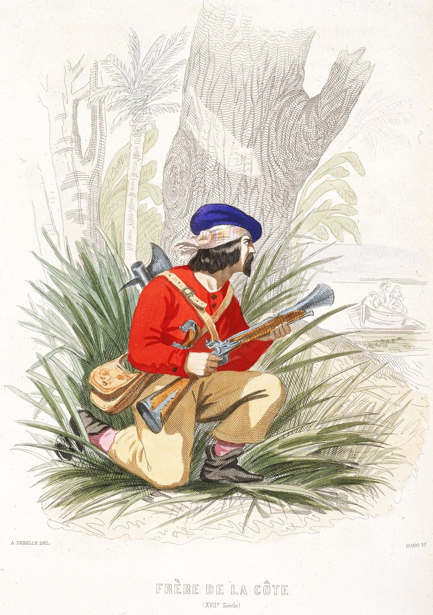 Pirát se připravuje na přepadení, polovina 19. století (kolorovaná rytina) od Alexandre (after) Debelle