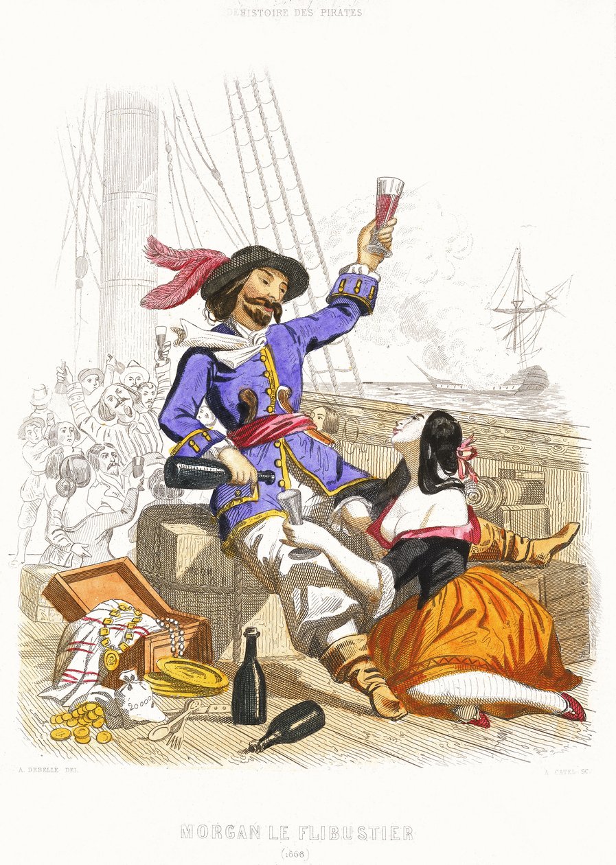 Kapitán Henry Morgan si užívá s vínem a ženami v pravém pirátském stylu, polovina 19. století (kolorovaná rytina) od Alexandre (after) Debelle