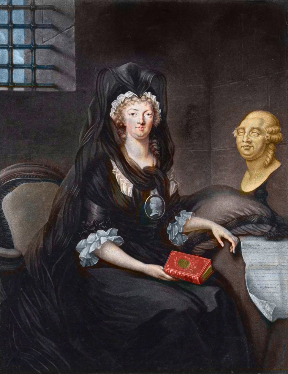 Portrét Marie Antoinetty (1755-1793) v hlubokém smutku ve věznici Temple (neboli „“ Marie-Antoinetty na vrátnici, ve smutku, s kamejí, přívěsek zobrazující dauphina, držícího život Marie, královny Skotů , busta Ludvíka XVI. a Te od Alexandre (after) Kucharski