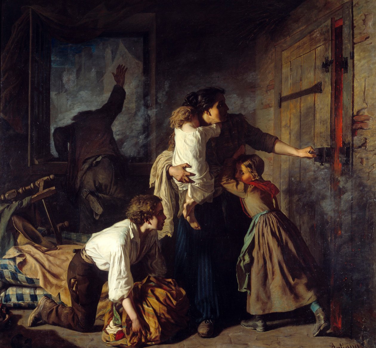 Požární scéna. Rodina uvízlá ve svém bytě se snaží uniknout požáru budovy. Otec rodiny volá z okna o pomoc. Obraz Alexandra Antigny (1817 - 1878) od Alexandre Antigna