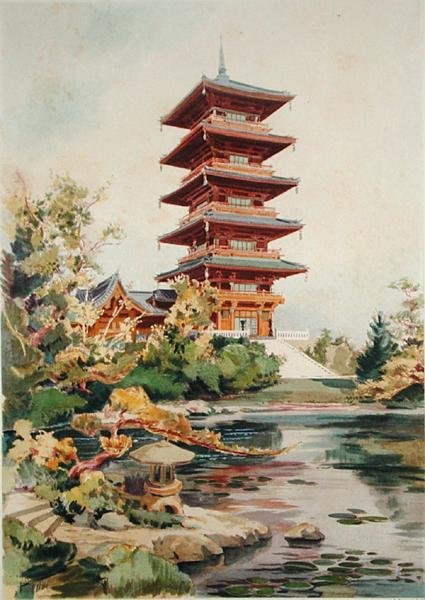 Japonská věž v Královském parku v Laeken, Belgie, z Orientalisme et Architecture Contemporaine, vyrytý Julesem Adolphem Chauvetem (nar. 1828) (viz také 171915, 172965, 172990) od Alexandre Auguste Louis Marcel