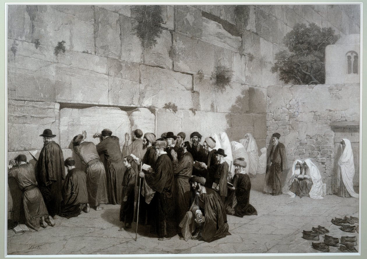 Judaismus: „“Šalamounova zeď“““ Muži a ženy židovského náboženství se modlí před Zdí nářků. Před 1857. Kresba Alexandre Bida (1823-1895), lavír, pero a tužka na papíře, Rozm. 0,61x0,87 m Malmaison, muzeum hradu od Alexandre Bida