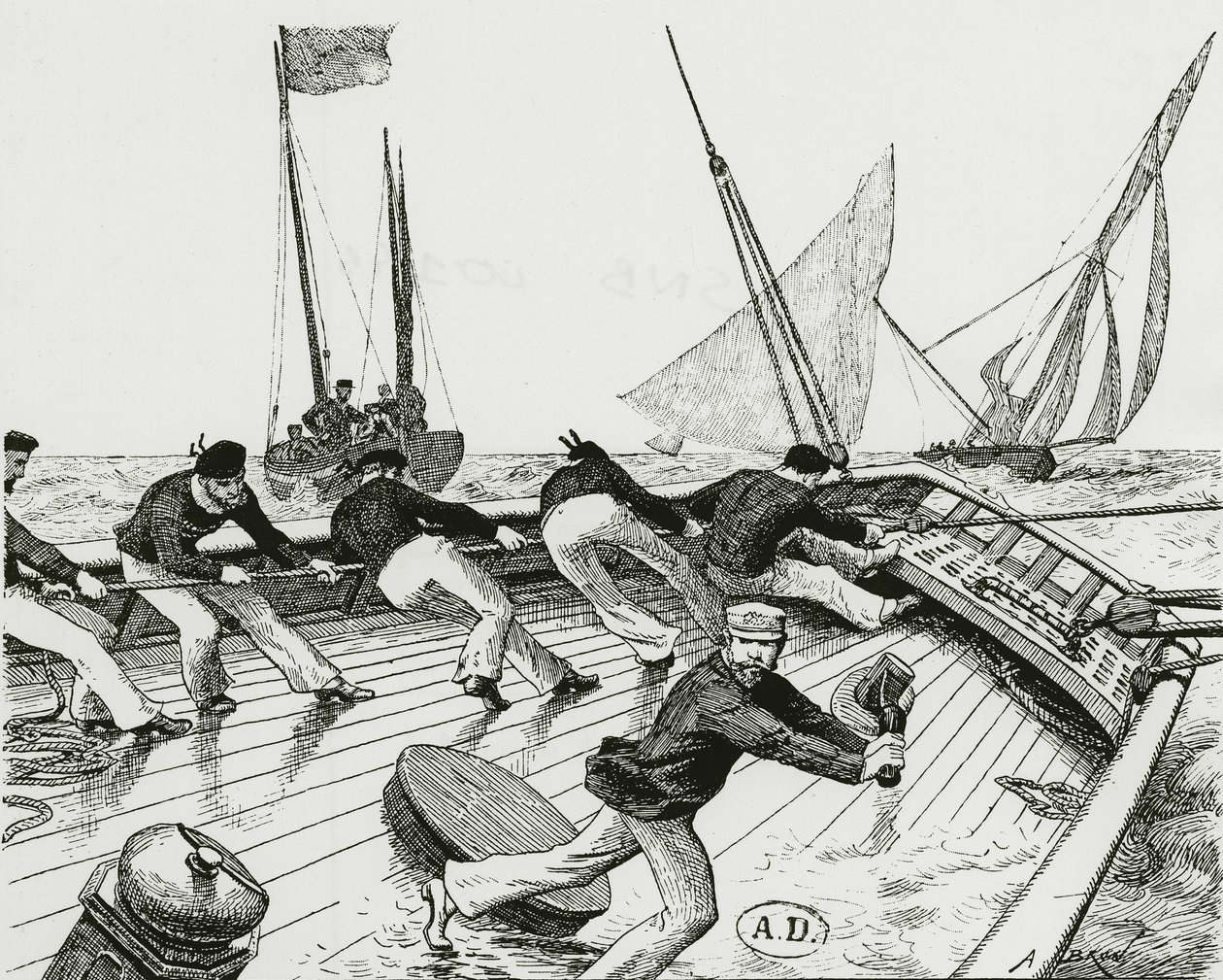 Závod plachetnic: Le turn du Bateau-Buoée - kresba A. Brun, Bibl. umění deco. od Alexandre Brun