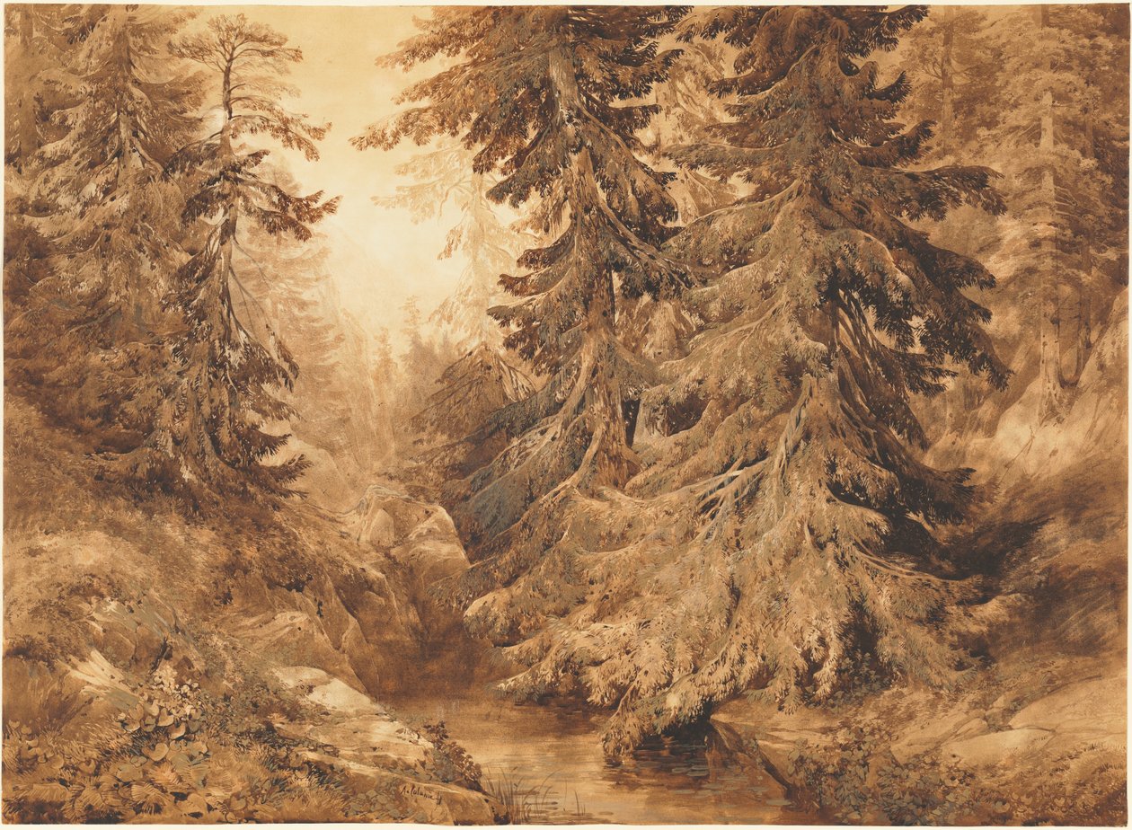 Starověký borový les s horským potokem od Alexandre Calame