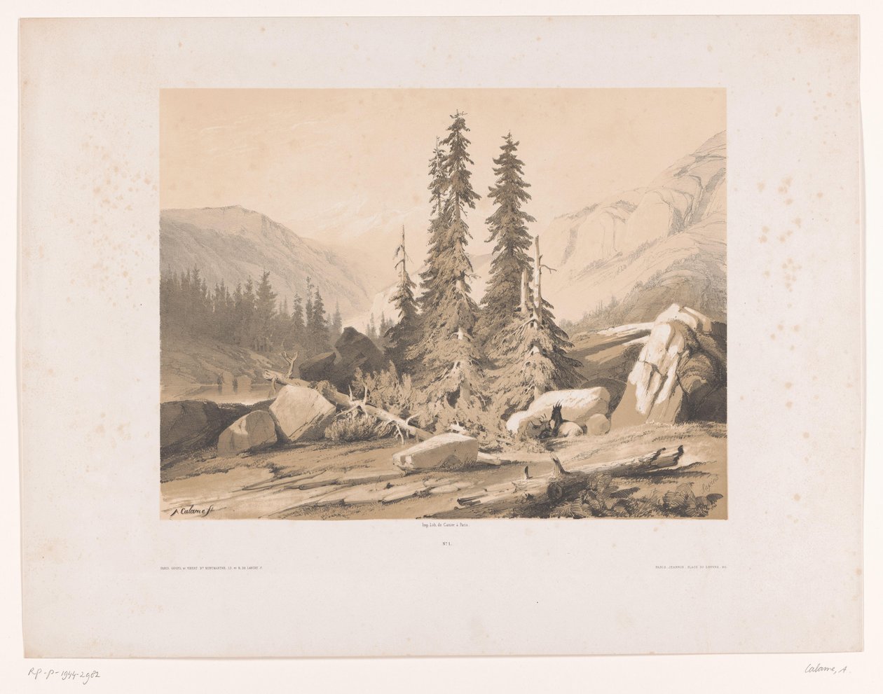 Horská krajina se smrky a horskými kozami Sapins (název na objektu) od Alexandre Calame