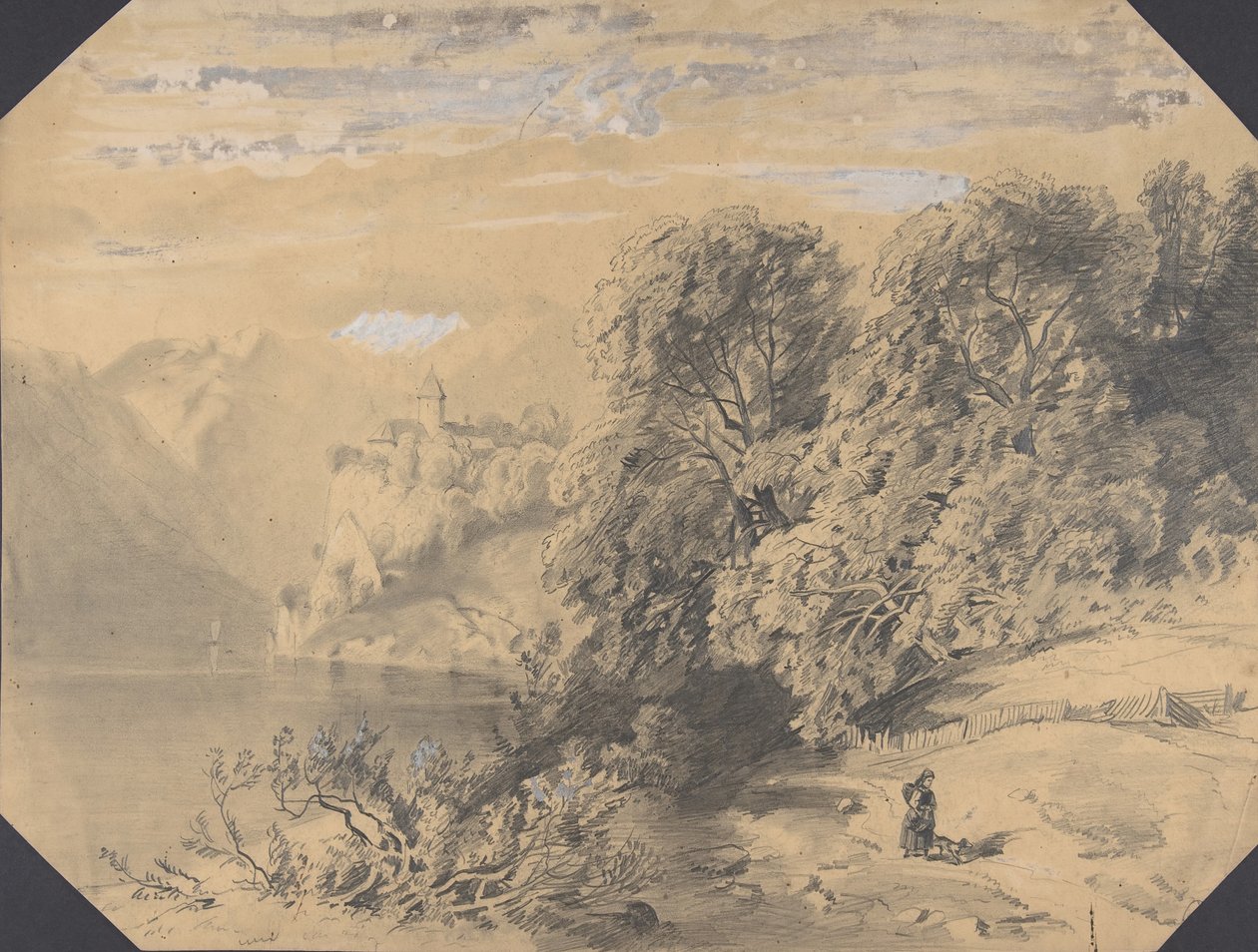 Žena se psem u horského jezera, začátek až polovina 19. století. od Alexandre Calame