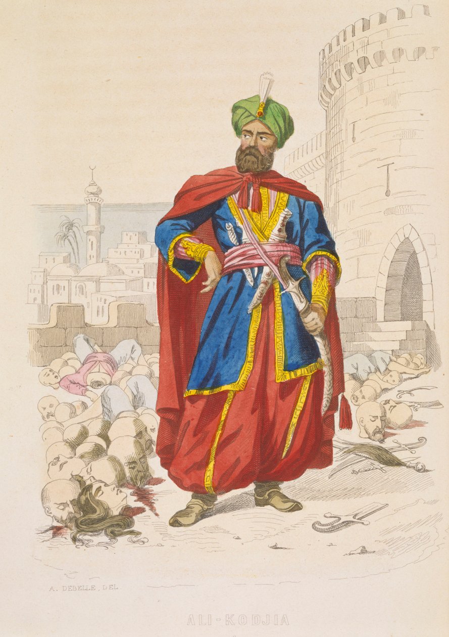 Alí Chodža, vládce Alžíru v letech 1816-1818, v zeleném turbanu a s krásným mečem, obklopen useknutými hlavami poražených nepřátel po bombardování v roce 1816, polovina 19. století (kolorovaná rytina) od Alexandre Debelle