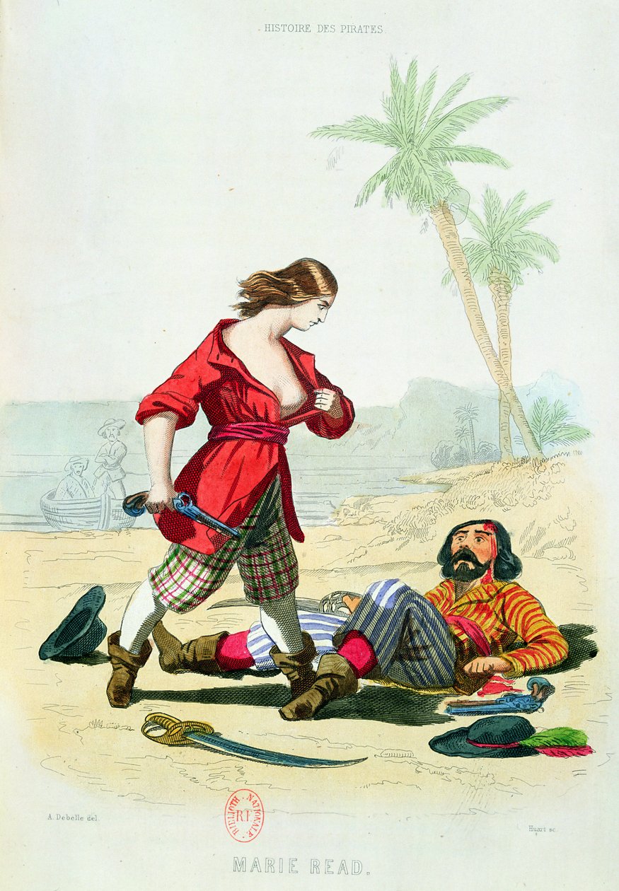 Mary Read († 1720) z „Histoire des Pirates“ od P. Christiana, vyryl A. Catel, 1852 od Alexandre Debelle