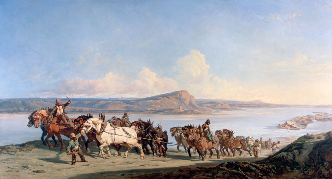 Příloha koní táhnoucích lodě po Rhoně, c1825-1870 od Alexandre Dubuisson