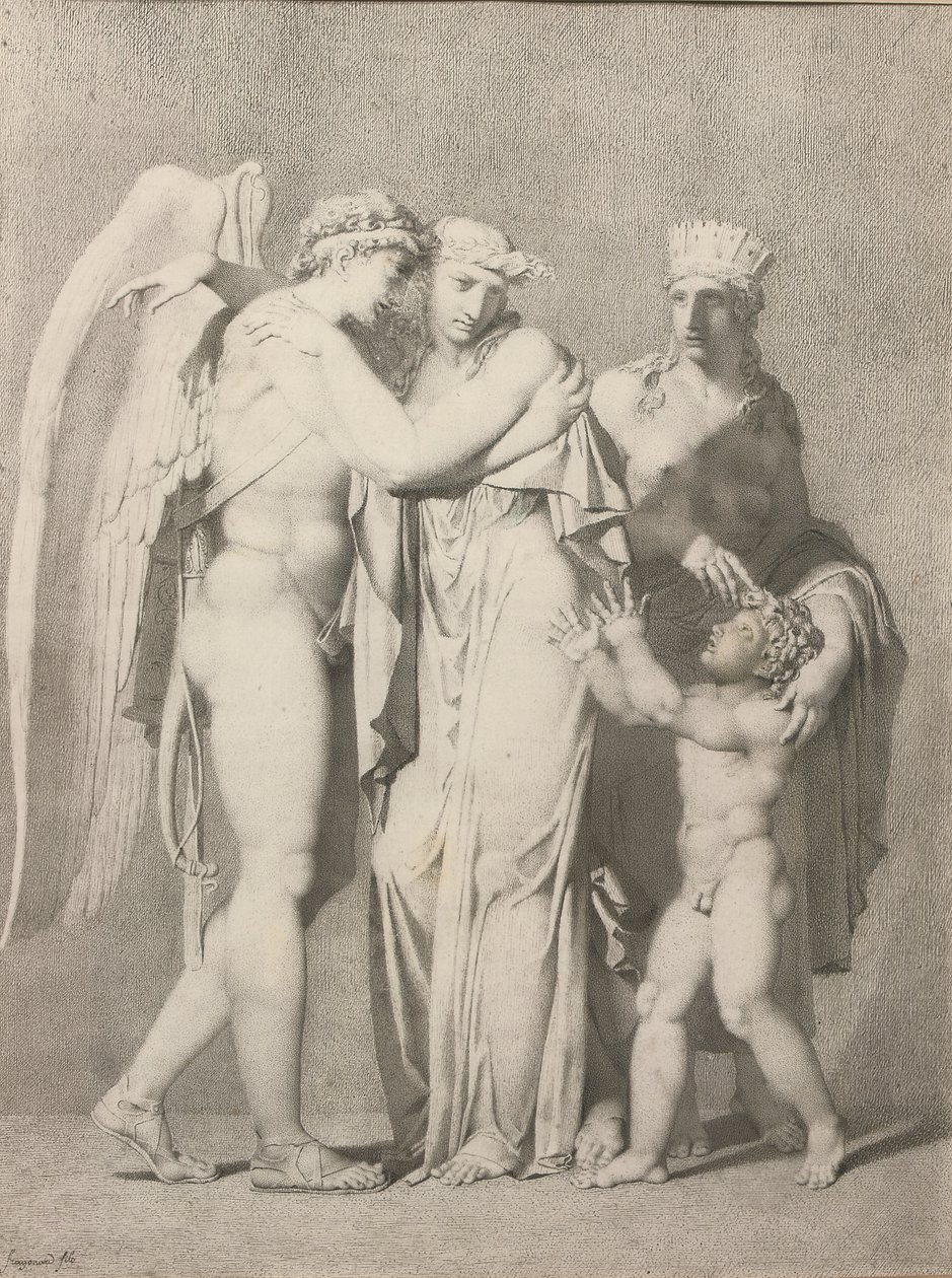 Cupid a Psyche (tužka a šedý inkoust na papíře) od Alexandre Evariste Fragonard