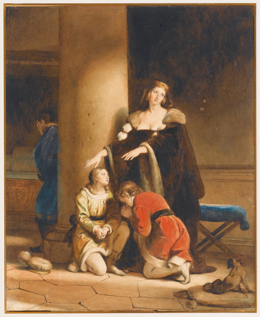 Elisabeth Woodville, anglická královna, se loučí se svými syny, Edwardem V. a Richardem, vévodou z Yorku, s truchlícím mužem za sloupem od Alexandre Evariste Fragonard