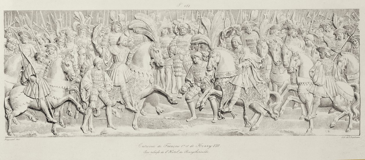 Setkání Františka I. a Jindřicha VIII. na poli Zlatého plátna podle vytesaného kamenného reliéfu v Hotel de Bourgtheroulde, Rouen, Normandie, 1501-37, vyryl Godefroy Engelmann (1788-183 od Alexandre Evariste Fragonard