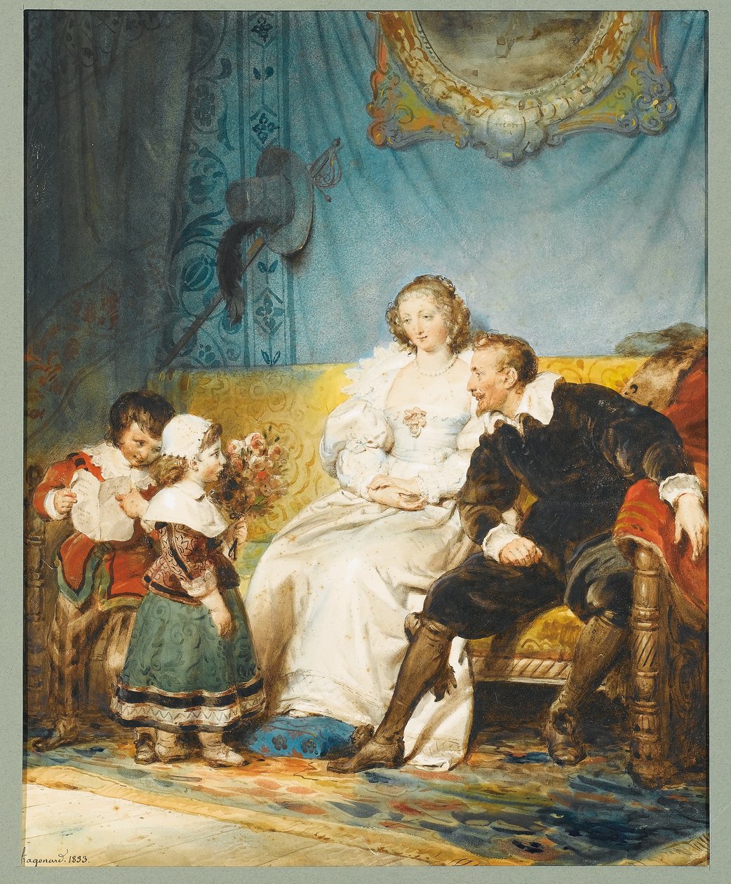 Rubens a Hélène Fourmentovi sedí, Frans drží dopis a Isabelle Hélène jim dává kytici růží od Alexandre Evariste Fragonard
