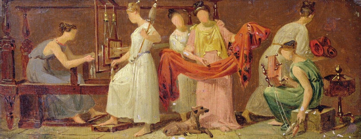 Šest žen tkajících v interiéru (olej na papíře položený na panelu) od Alexandre Evariste Fragonard