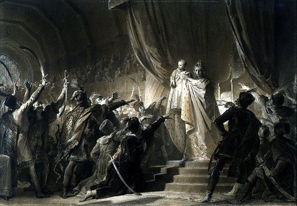 Císařovna Marie Terezie (1717-80) představující budoucího Josefa II. uherským magnátům (grafit, sépie myje inkoustem a kvaš na papíře) od Alexandre Evariste Fragonard