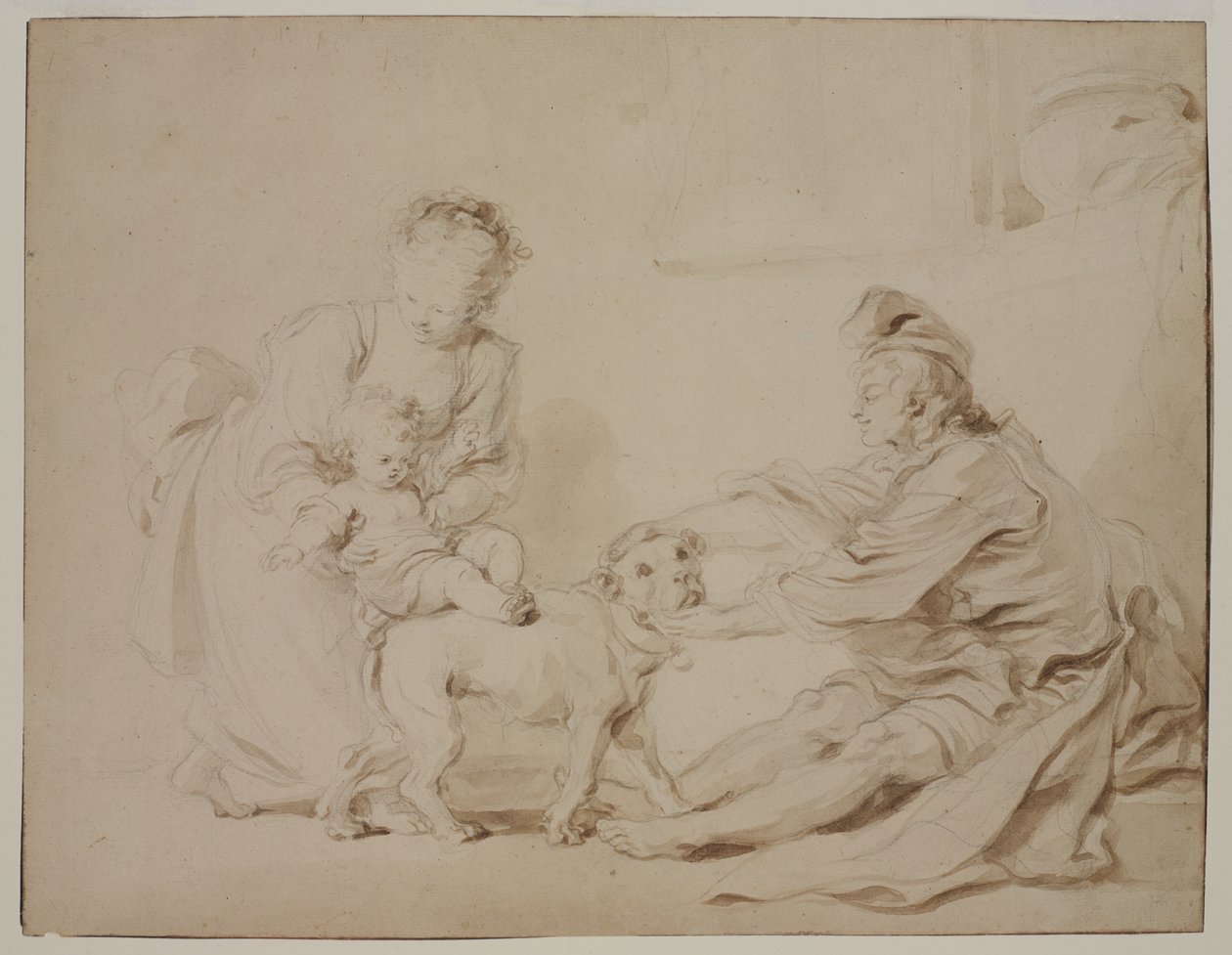 První jezdecká lekce (La première leçon déquitation), kolem roku 1778 (grafit a hnědá barva na starožitném pokládaném papíře) od Alexandre Evariste Fragonard