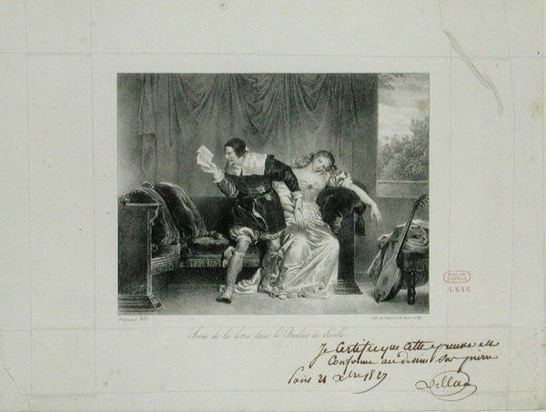 Dopisová scéna z opery Lazebník sevillský od Rossiniho rytina Villaina de Sevres od Alexandre Evariste Fragonard
