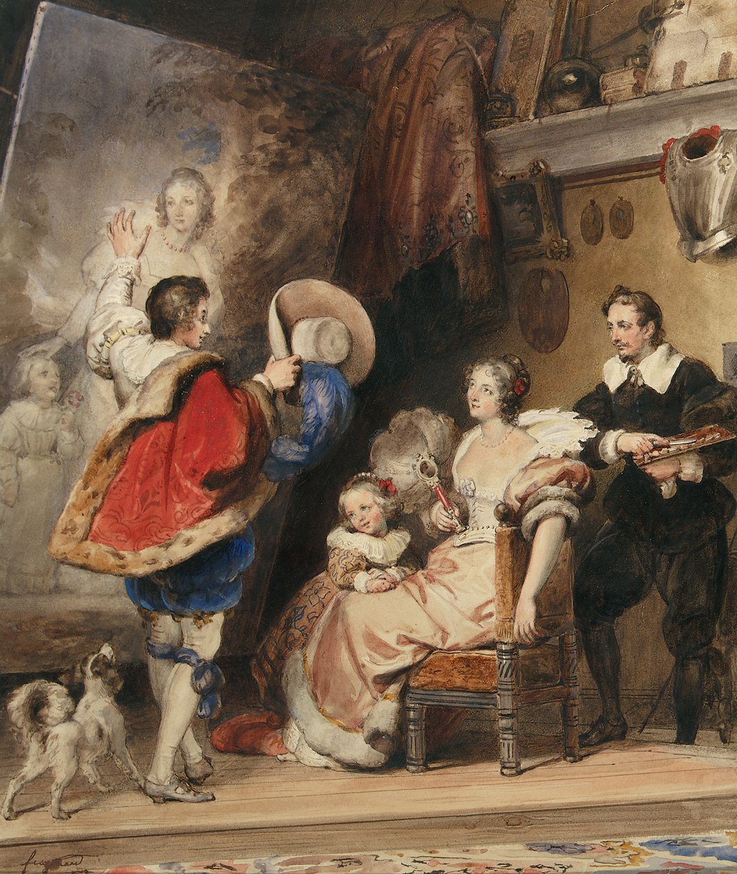Mladý muž obdivující portrét dámy a její malé dcerky od Alexandre Evariste Fragonard