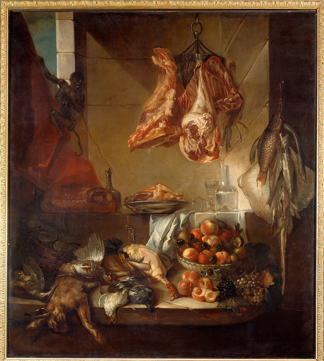 Interiér kuchyně zátiší ze zvěřiny, ovoce a masa. Obraz Francoise Desportese (1661-1743) Chalons sur Marne z 18. století, Musee des Beaux Arts od Alexandre Francois Desportes