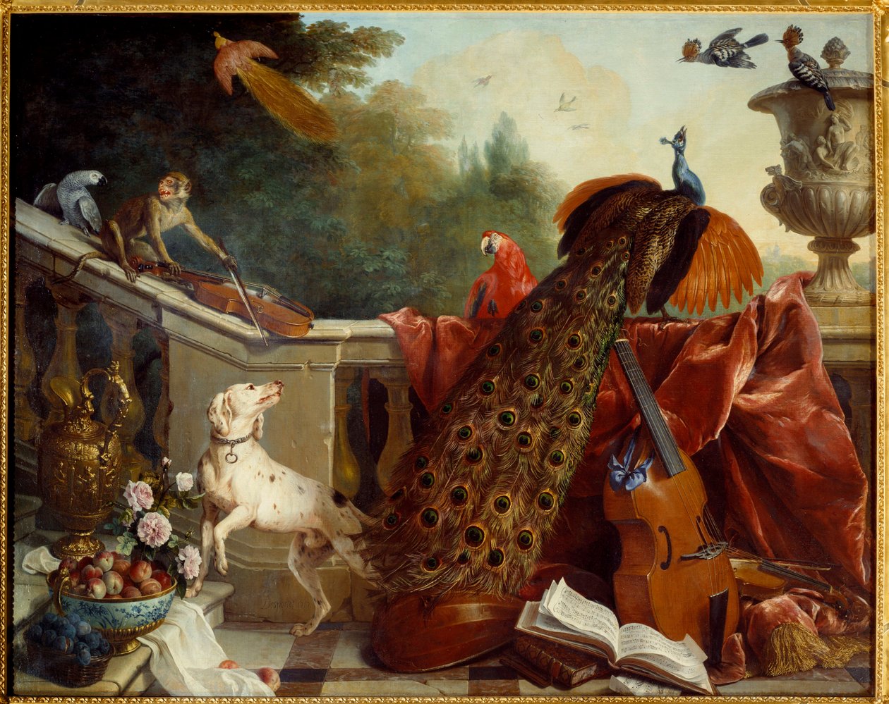 Zvířata, květiny a ovoce Pes, opice hrající na housle, páv, papoušek, rajka, strunné nástroje. Obraz Francoise Desportese (1661-1743) 1717 Ne. 1,24x2,31 m Grenoble, musee des Beaux Arts od Alexandre Francois Desportes