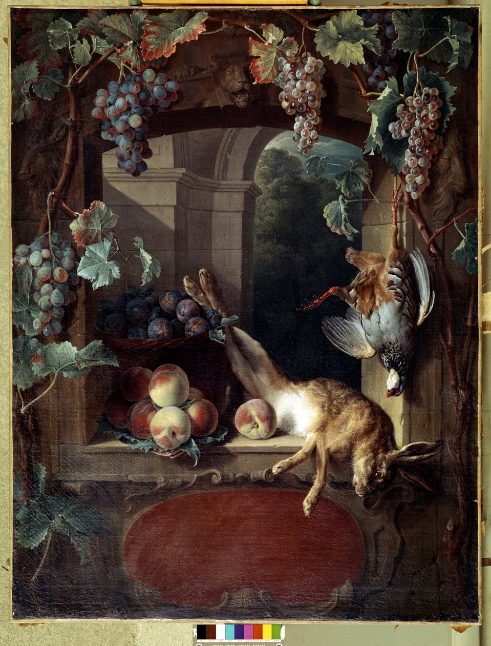 Zátiší na mříži Hrozny, broskve a zvěřina (zajíc, mrtvý pták) Malba Francoise Desportese (1661-1743) 18. století Sun. 1,17x0,88 m Lyon, Musee des Beaux Arts od Alexandre Francois Desportes