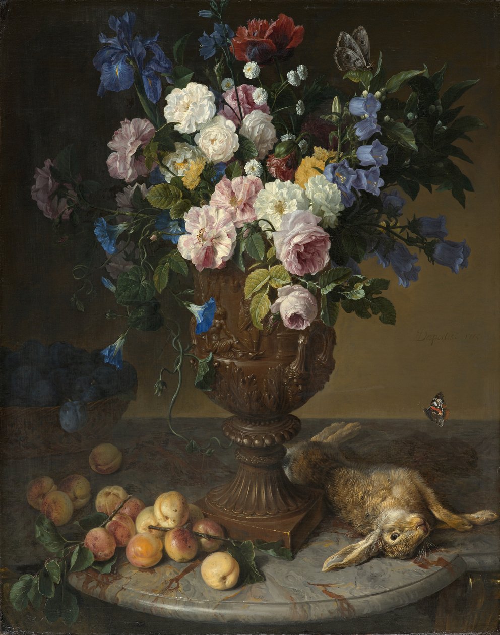 Urna květin s ovocem a zajícem, 1715 od Alexandre Francois Desportes