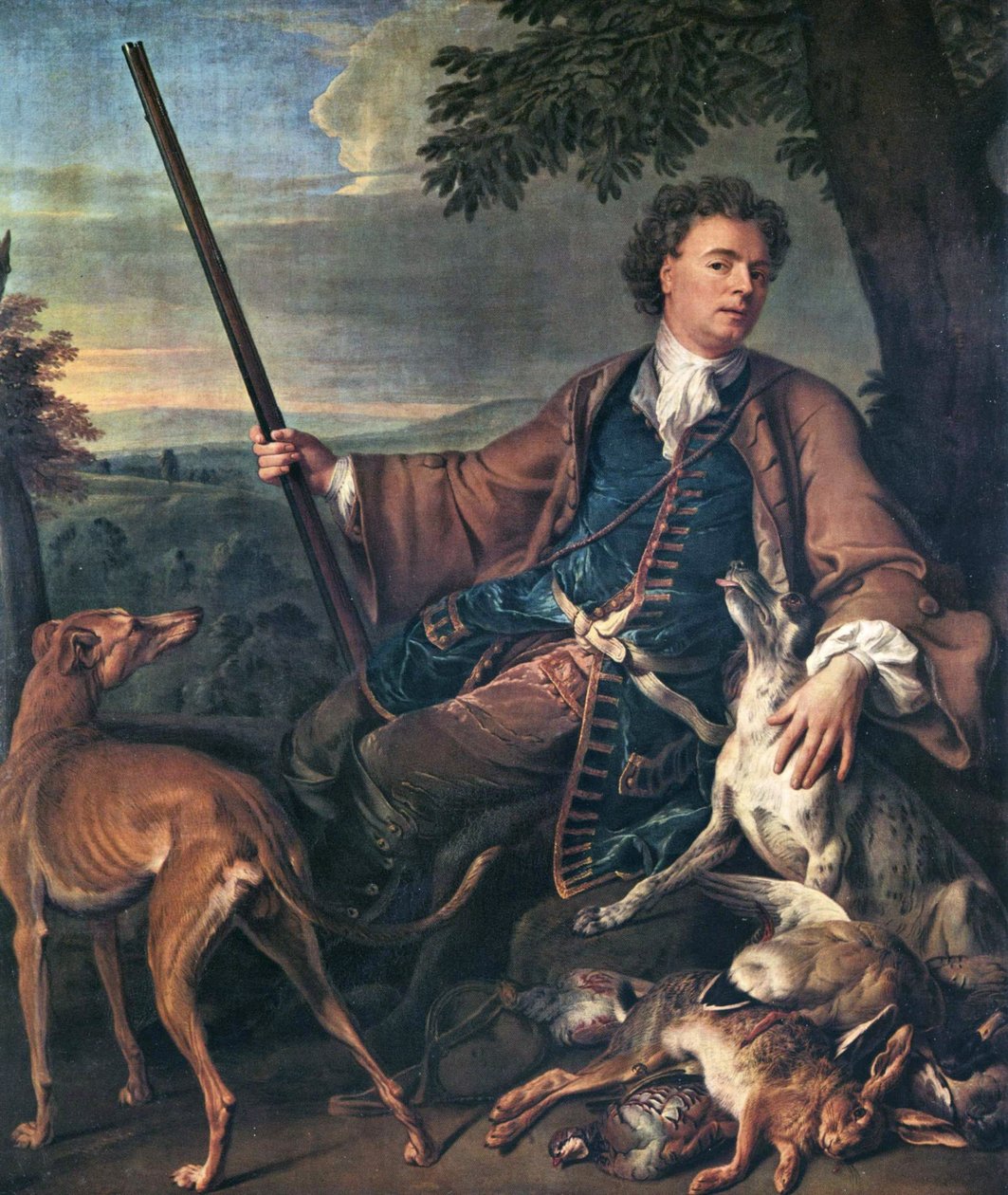 Francouzsky: Portrait de M. Desportes peint par lui-même avec du gibier mort à ses pieds (Portrét umělce jako lovce) Autoportrét v loveckém oděvu. od Alexandre Francois Desportes