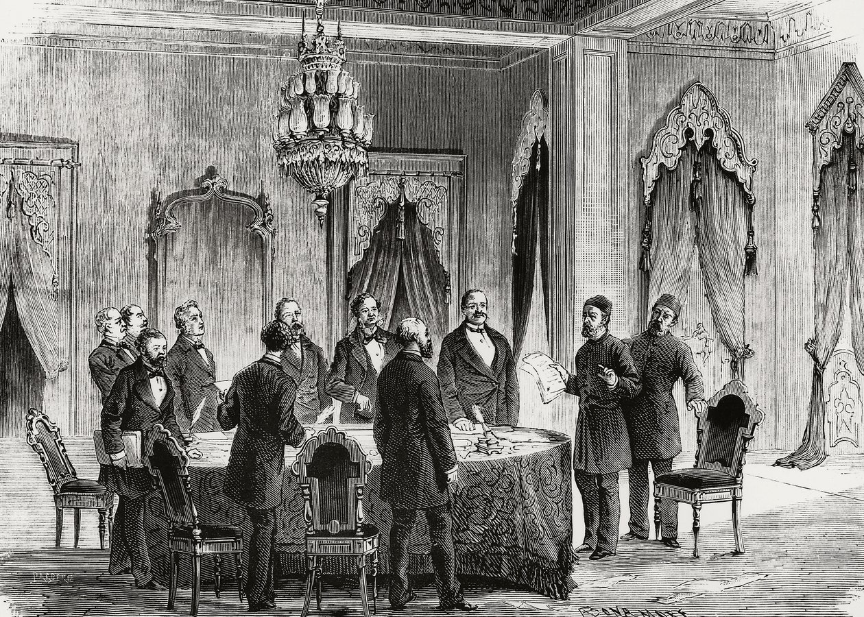 Konstantinopolská konference, prosinec 1876, rytina, Turecko od Nicolas Toussaint Charlet