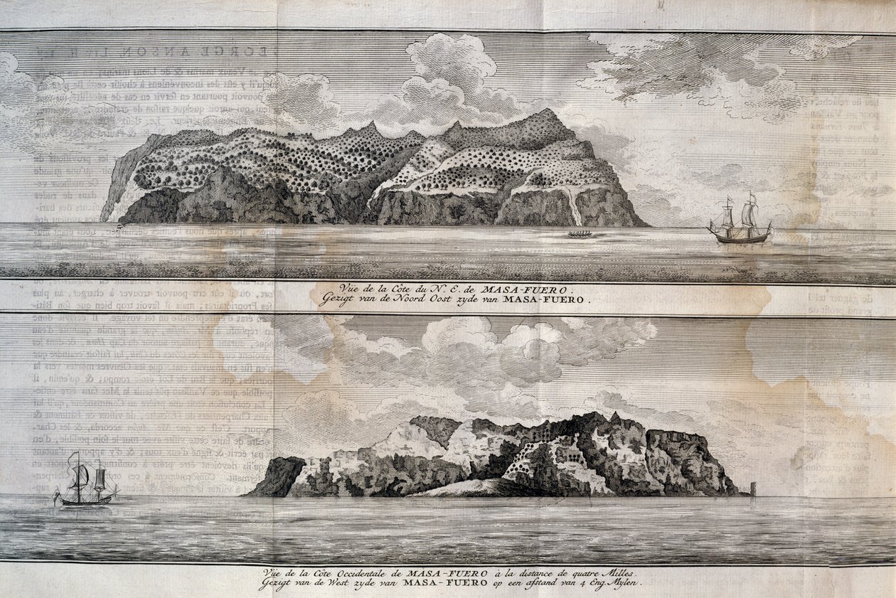 Pohled na ostrov Alejandro Selkirk nebo ostrov Mas Afuera, souostroví Juan Fernandez, Chile, rytina od Nicolas Toussaint Charlet