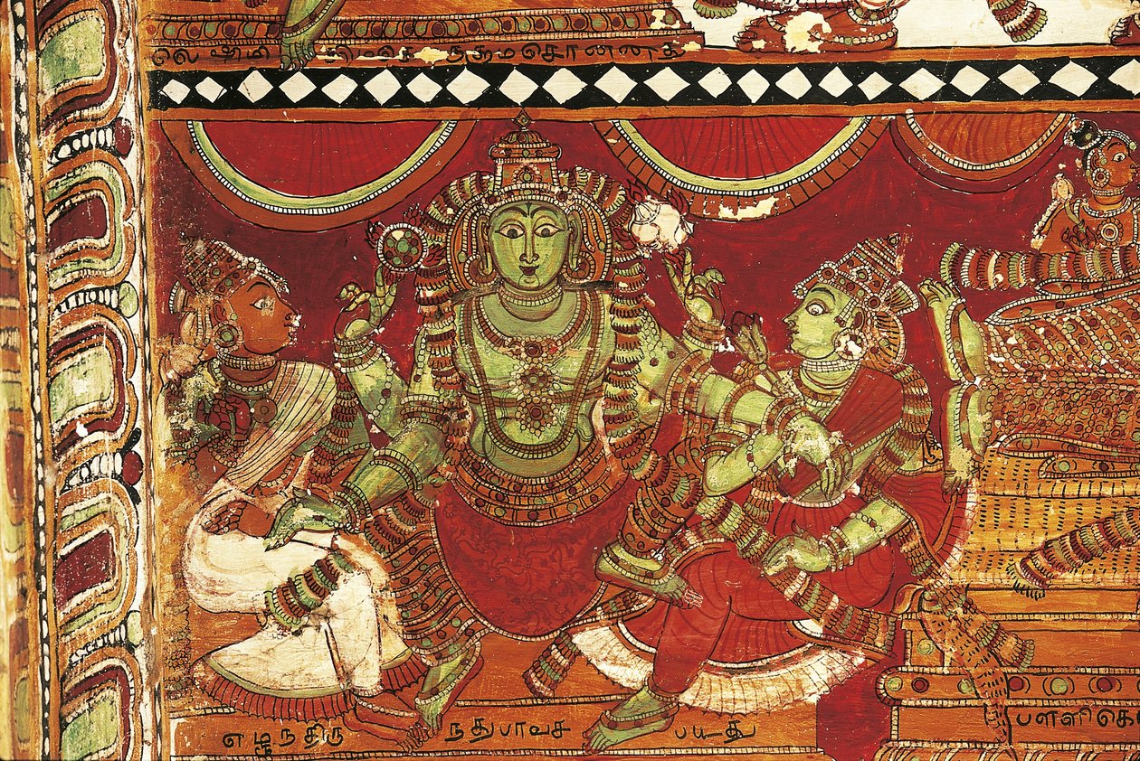 Visnu, detail z fresek zobrazujících život Šivy ve svatyni pro Parvati, chrám Nataraya, Chidambaram, Tamil Nadu, Indie, 5. století od Nicolas Toussaint Charlet
