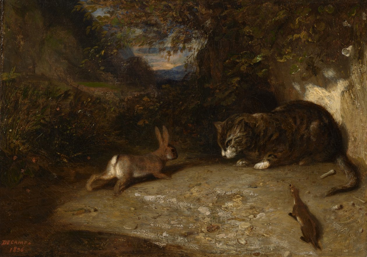 Kočka, lasička a králík, 1836 od Alexandre Gabriel Decamps