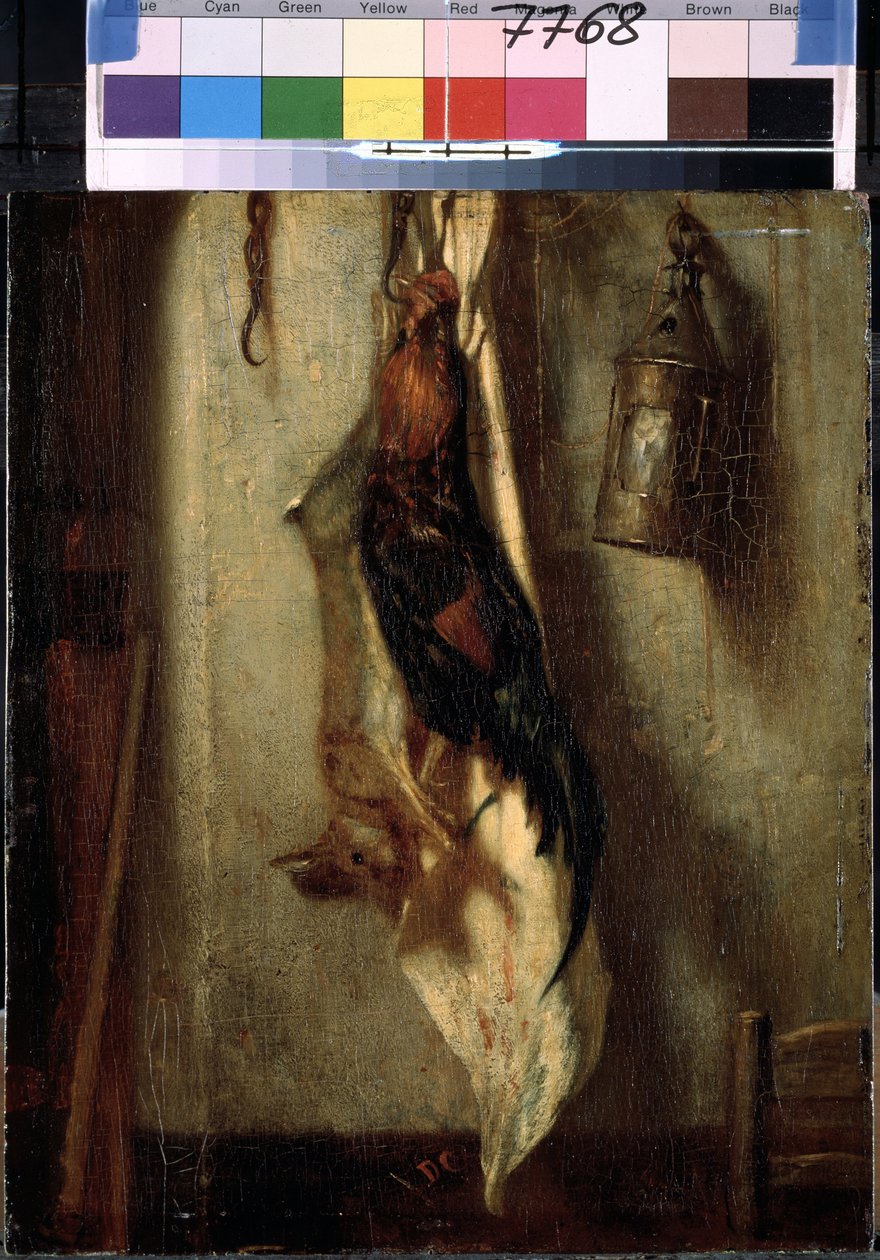 ""zátiší kohouta a zajíce, zavěšené na háku a lucerna"" Malba Alexandra-Gabriela Decampse (Alexandre Gabriel) (1803-1860) 19. století Rozměr 28x24 cm Muzeum Ermitáže, Petrohrad (Saint-Petersburg) od Alexandre Gabriel Decamps