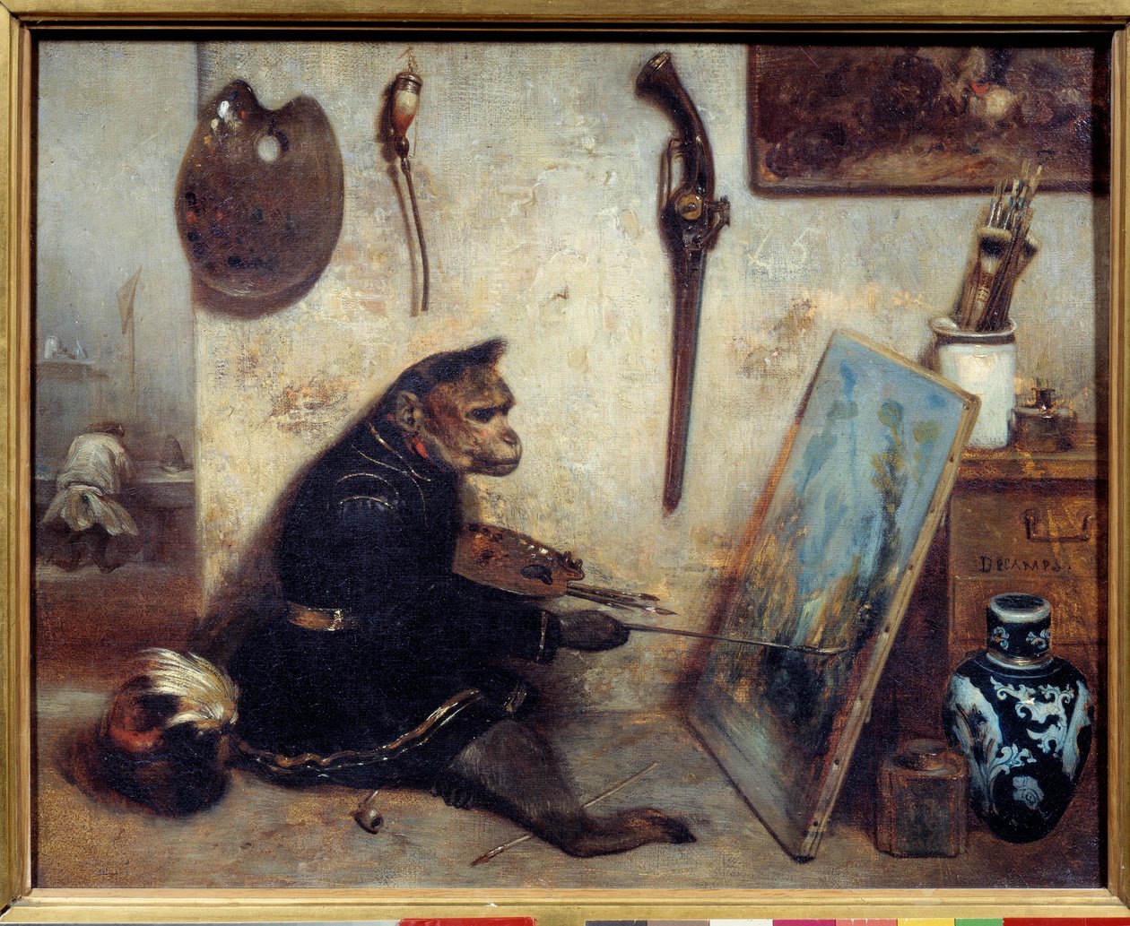 Obraz The Monkey Painter od Alexandra Gabriela Decampse (1803-1860) 1833 Sun. 0,32 x 0,4 m. - Malíř opic. Obraz Alexandra Gabriela Decampse (1803-1860) od Alexandre Gabriel Decamps