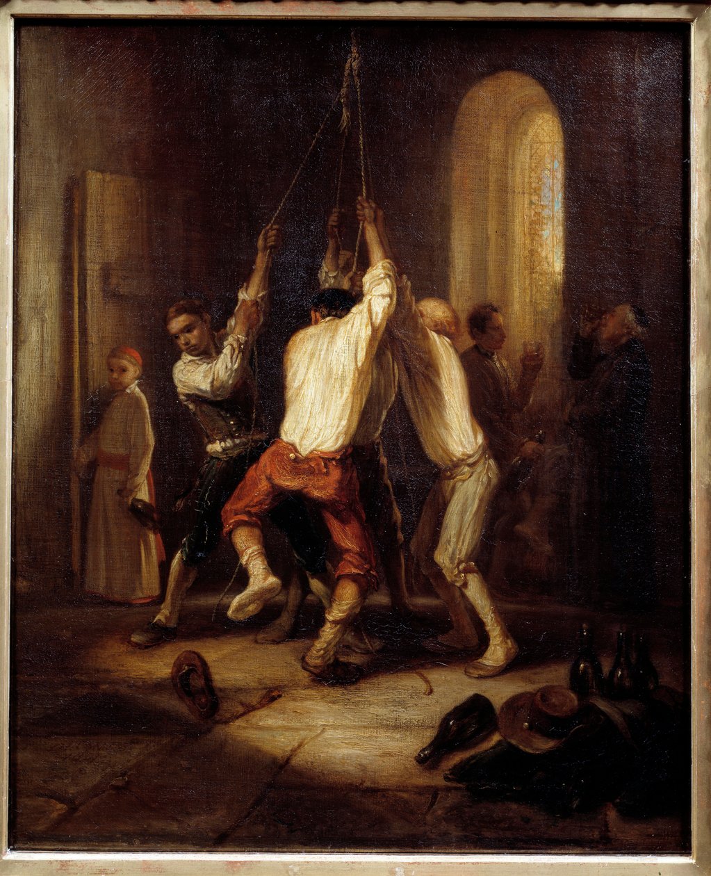 Vyzváněcí tóny. Muži táhnou za lano, aby zvonili. Obraz Alexandra Gabriela Decampse (1803-1860) od Alexandre Gabriel Decamps